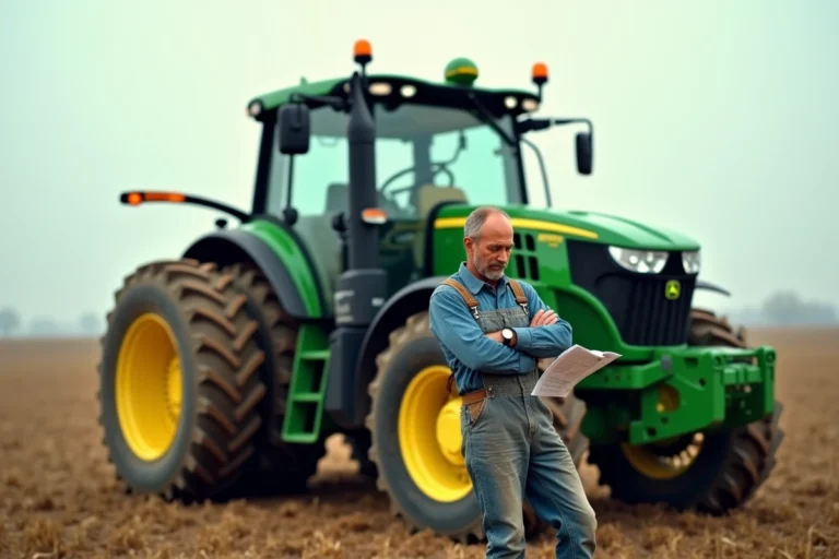 Agriculteur en salopette examinant un catalogue de prix devant un tracteur agricole neuf dans un champ labouré