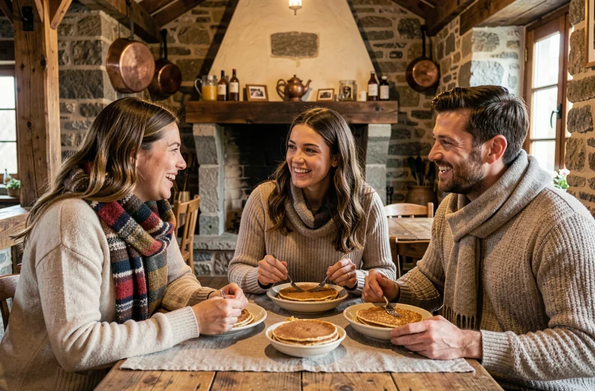 Trois amis partageant des galettes et du cidre dans une crêperie traditionnelle bretonne avec intérieur en pierre