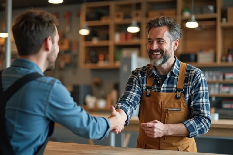 artisan homme serre la main d un gestionnaire dans un magasin de bricolage