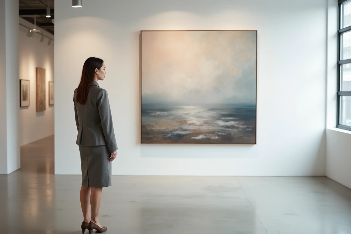 Femme artiste dans une galerie moderne contemplant une œuvre abstraite