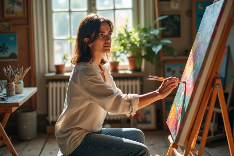 Femme artiste en studio en train de peindre un tableau vibrant