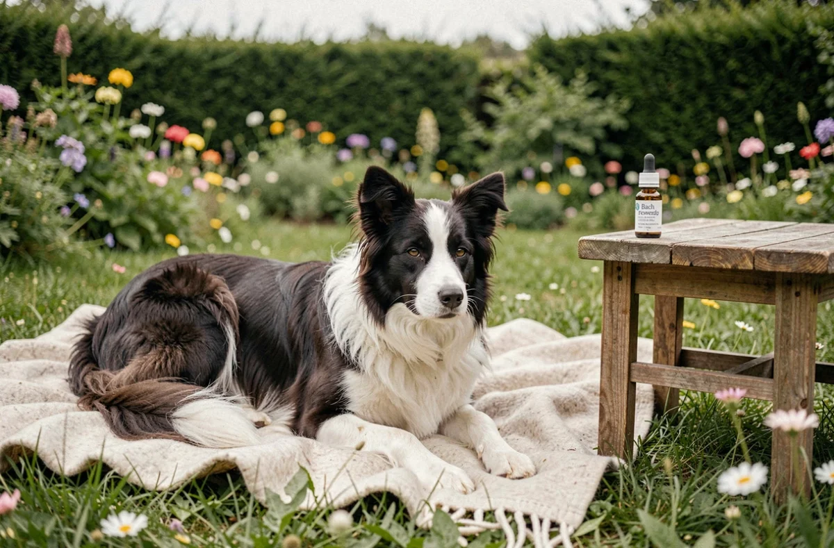 Border collie détendu dans un jardin fleuri avec un flacon de remèdes floraux Bach posé sur une table en bois, illustrant le calme naturel
