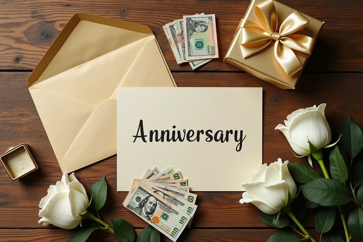 Vue de dessus d'une carte anniversaire, enveloppe dorée, billets de banque et roses blanches pour célébrer 50 ans de mariage