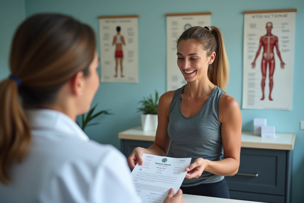 Coureuse remettant un certificat médical à son médecin pour valider son inscription à un ultra-trail