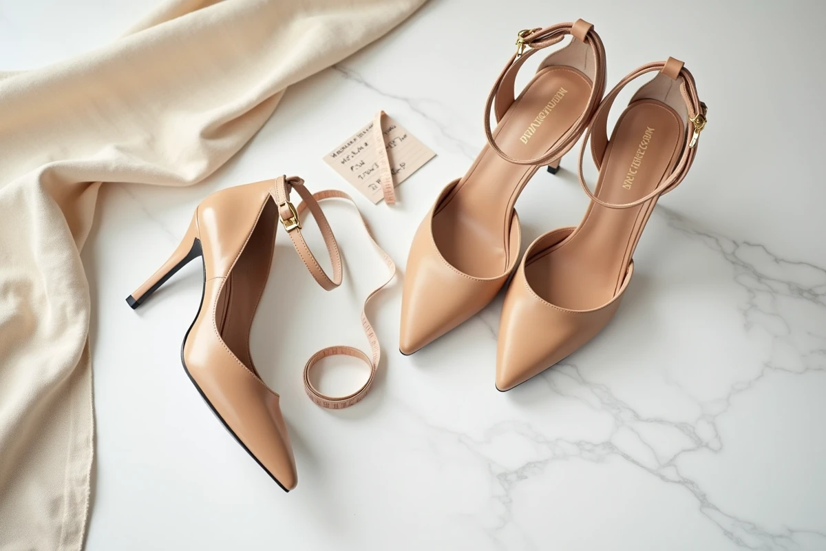 Chaussures Michael Kors à brides avec un mètre ruban et un guide des pointures sur fond marbre blanc