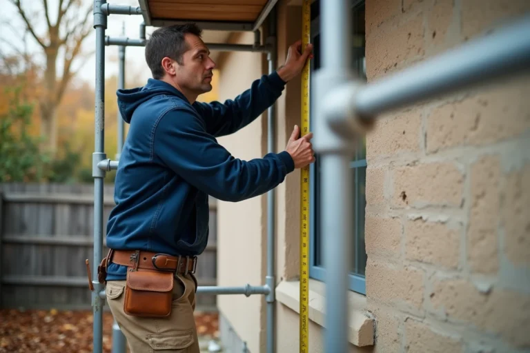 Homme sur un échafaudage aluminium de 3 mètres mesurant une façade de maison pour estimer la hauteur nécessaire