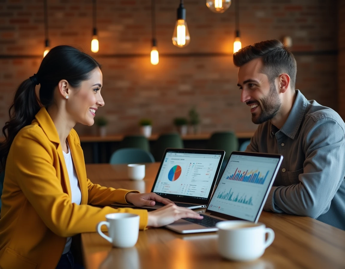 Deux professionnels collaborant sur les innovations et tendances du web dans un espace de coworking moderne
