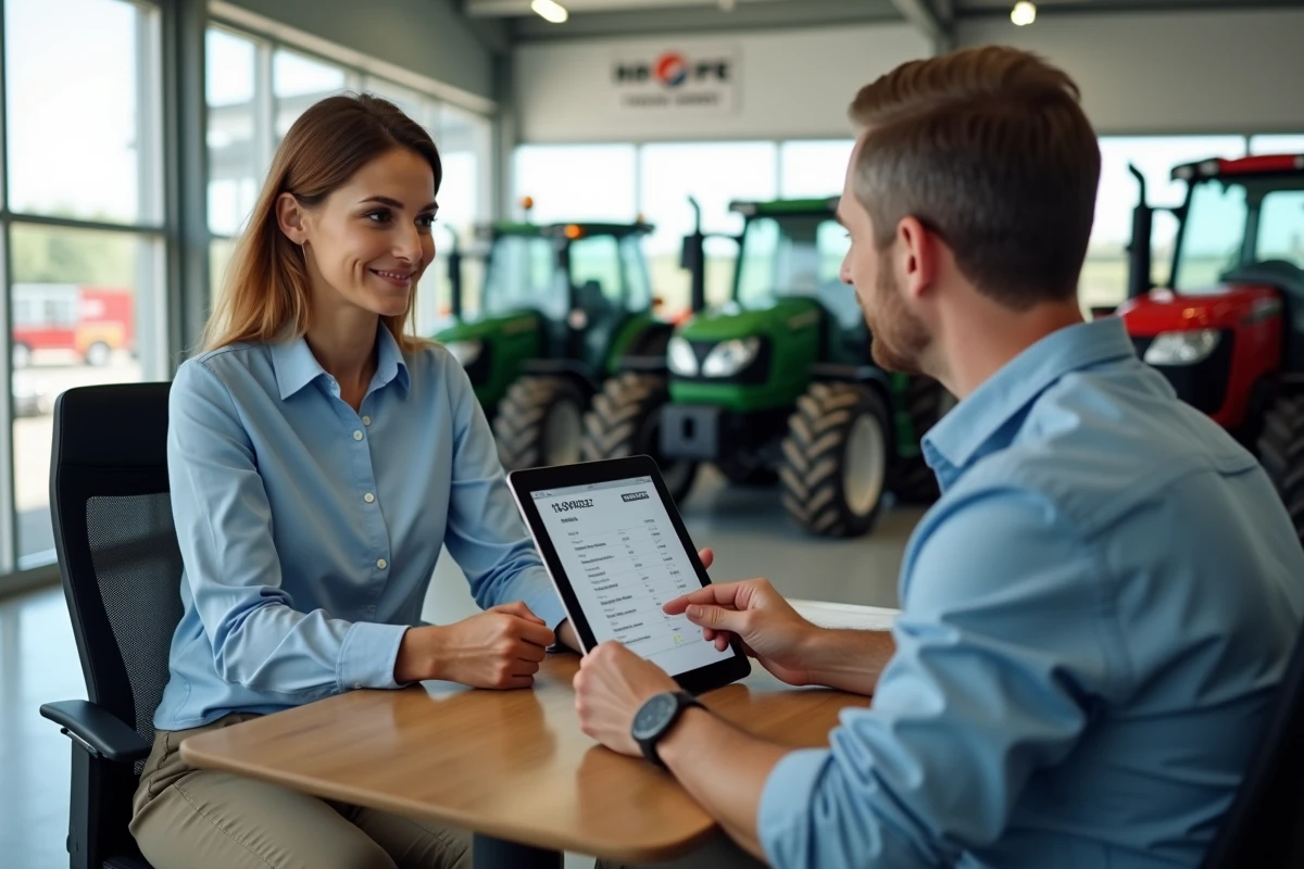 Concessionnaire agricole présentant une estimation de prix de tracteur neuf sur tablette à un agriculteur dans un showroom