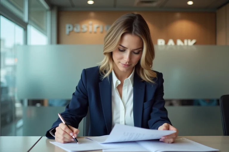 Conseillère bancaire dans une agence moderne consultant des documents relatifs aux codes bancaires français