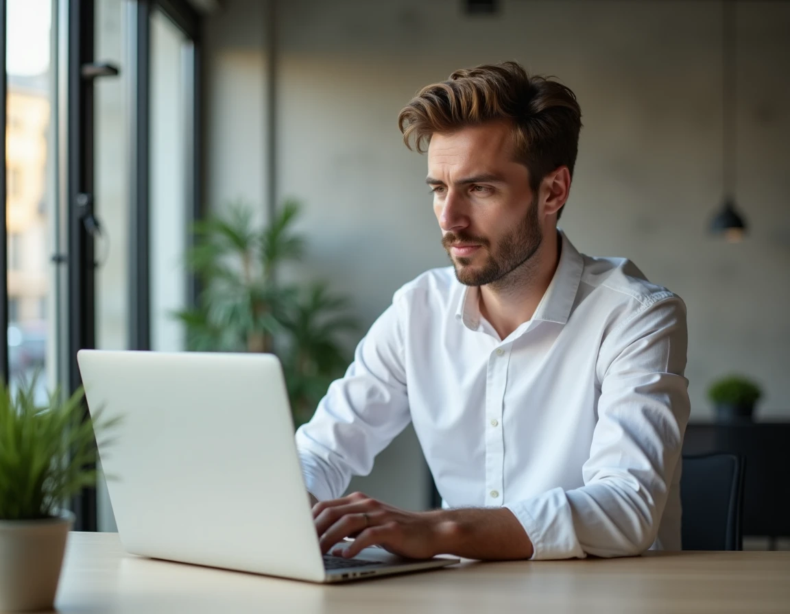 Jeune homme consultant les plafonds et les limites de son compte Nickel en ligne sur un ordinateur portable dans un espace de travail moderne