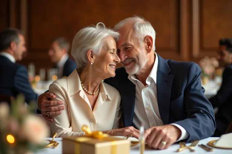 Couple de personnes âgées célébrant leurs 50 ans de mariage autour d'une table décorée avec des cadeaux emballés en or