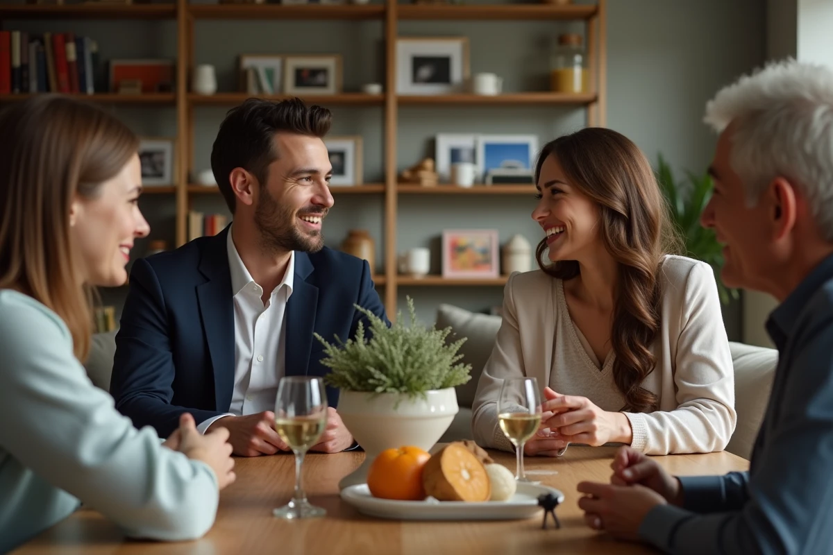 Couple en dîner familial dans un intérieur chaleureux