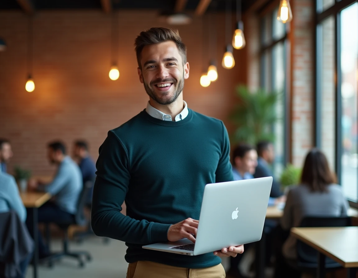 Créateur de contenu masculin dans un espace de co-working urbain tenant un ordinateur portable, symbolisant les nouvelles tendances du marketing d'influence