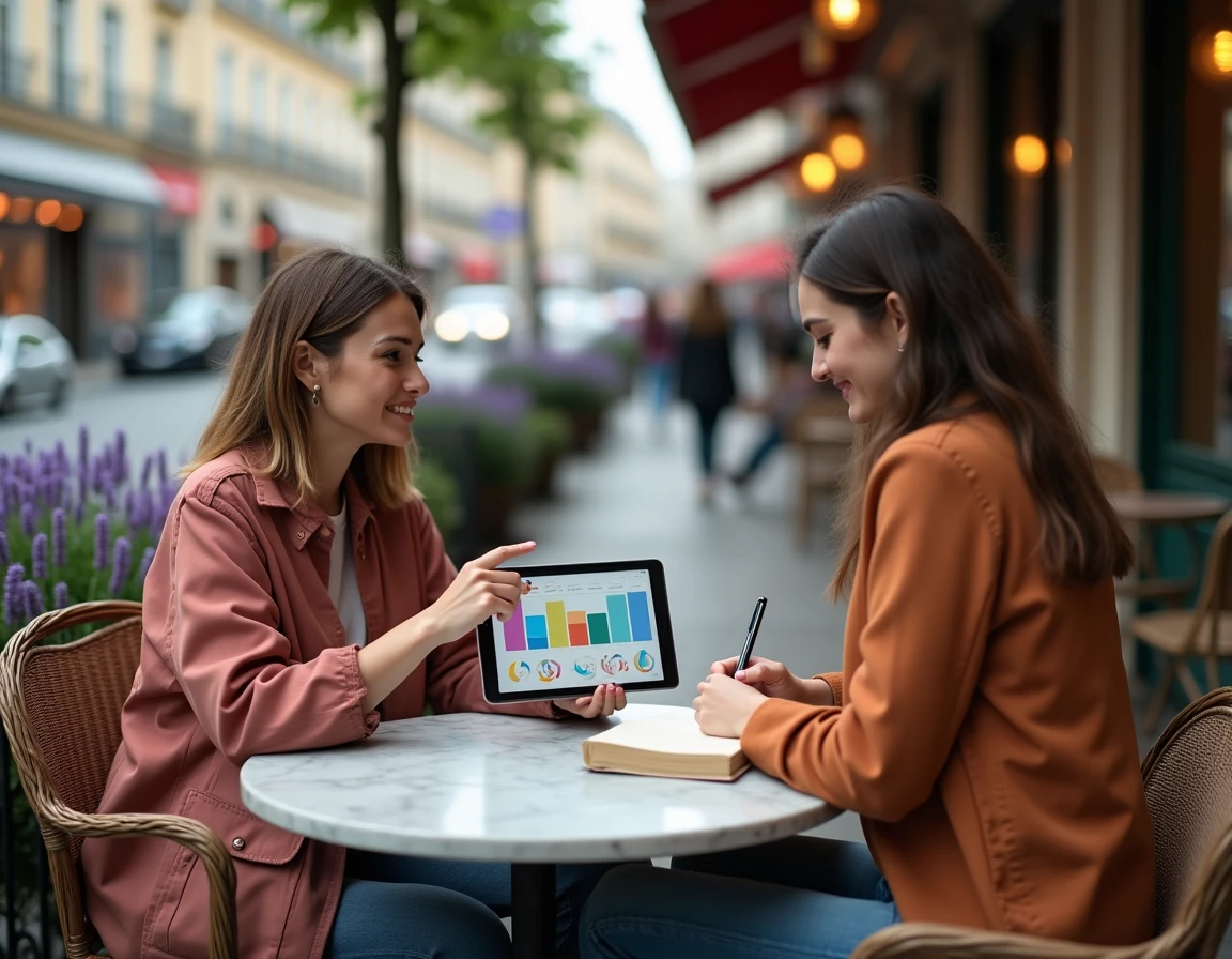 Deux créatrices de contenu analysant des statistiques d'influence sur une tablette dans un café parisien en terrasse, tendances actualités influence digitale