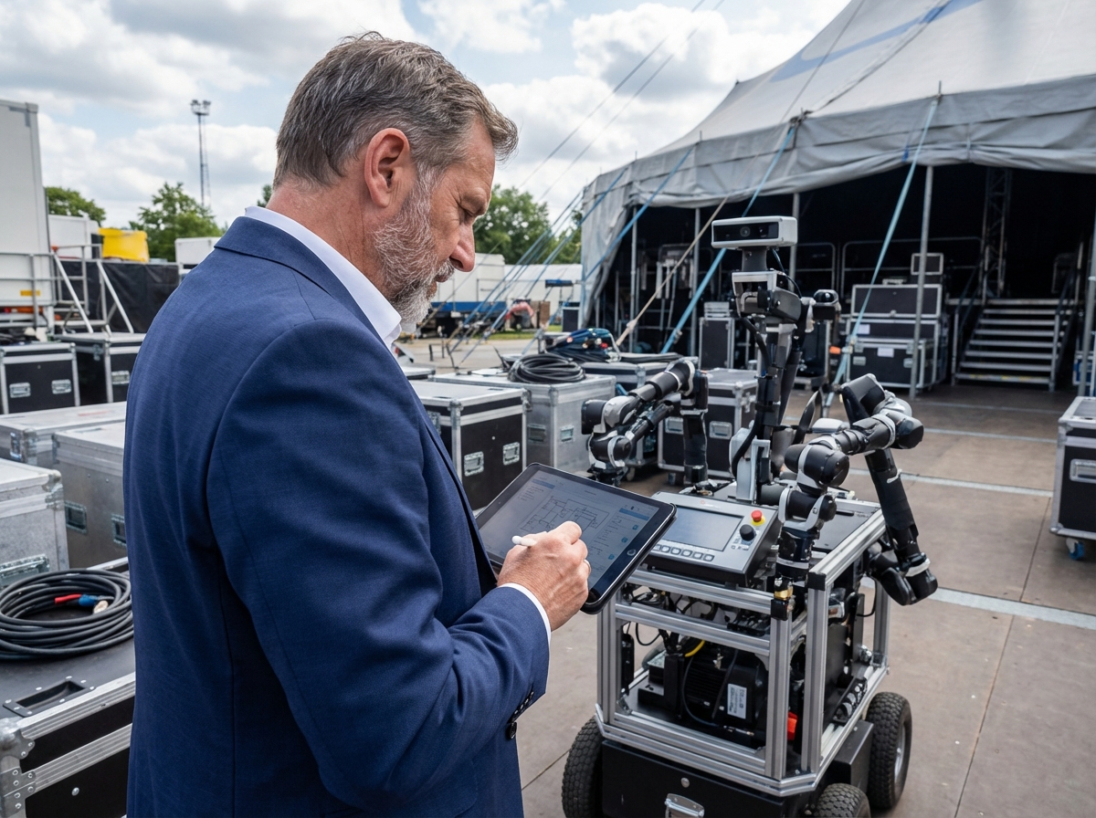 Directeur de cirque avec tablette et robotique en extérieur