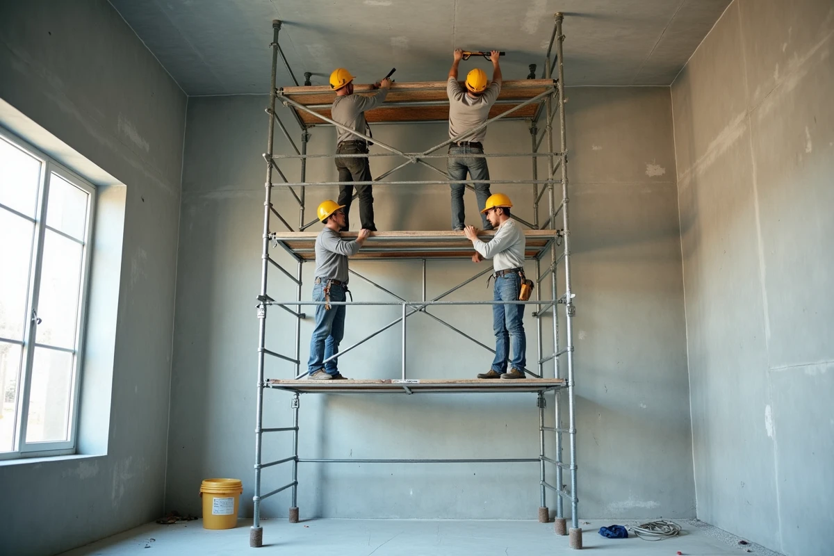 Deux ouvriers travaillant à différentes hauteurs sur un grand échafaudage modulaire de 5 mètres lors d'une rénovation intérieure