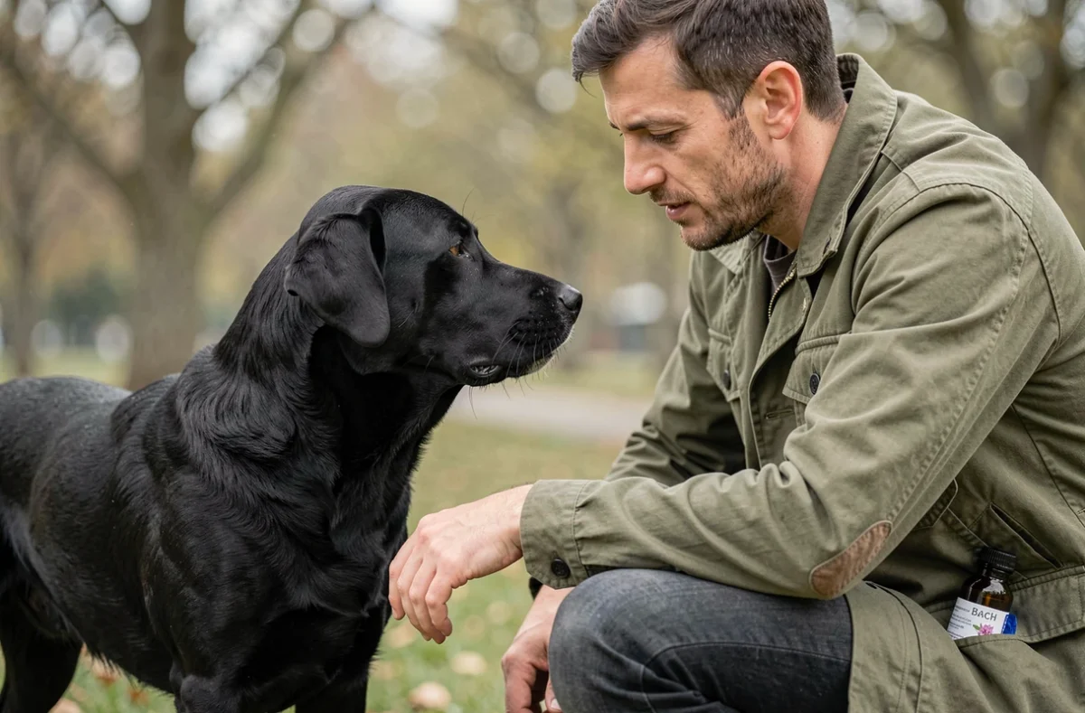 Éducateur canin en séance de dressage avec un labrador noir dans un parc, utilisant les fleurs de Bach pour améliorer la concentration et le calme du chien