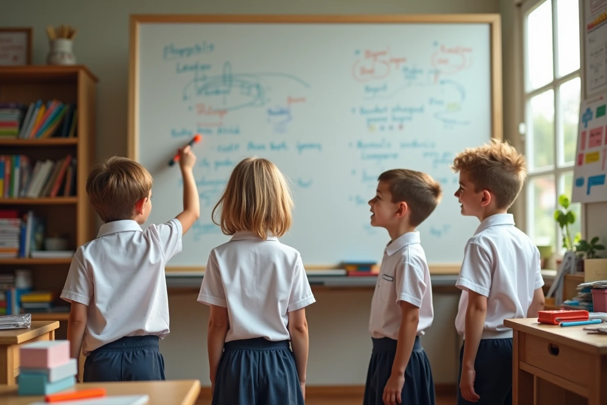 Groupe d enfants souriants devant un tableau blanc