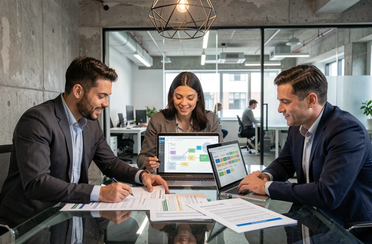 Équipe de professionnels collaborant autour d'un tableau de référencement et d'un outil d'automatisation SEO en salle de réunion moderne