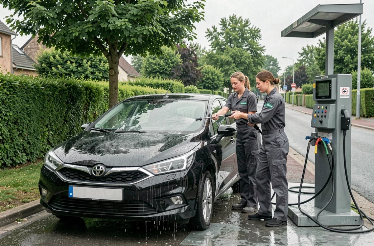 Équipe de deux professionnels en uniforme réalisant un lavage écologique d'une citadine noire dans une station de nettoyage extérieure à Metz