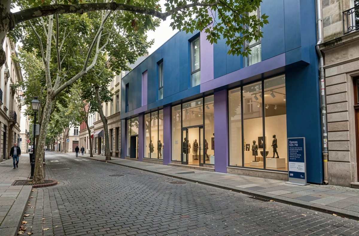 Vue extérieure de la façade du lieu culturel Caro Bleue Violette avec panneau d'accès et d'horaires