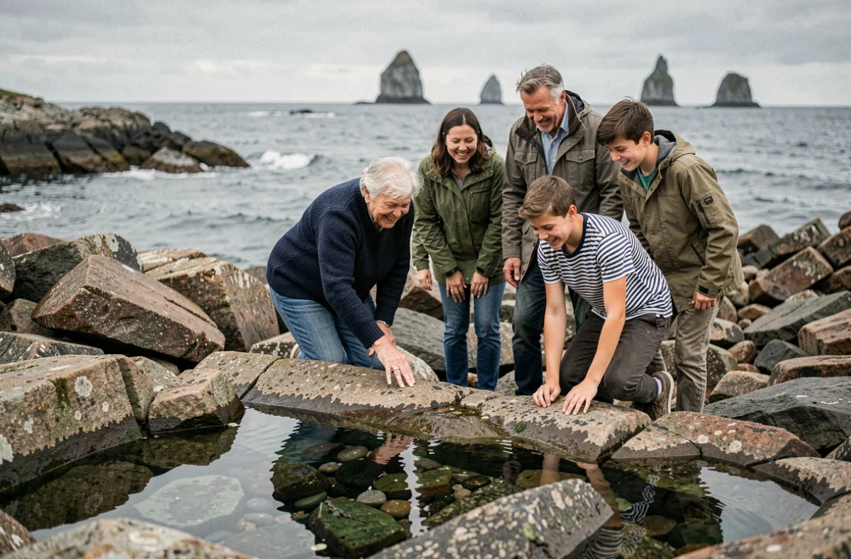 Famille multigénérationnelle explorant les rochers et piscines naturelles sur le littoral breton en Bretagne