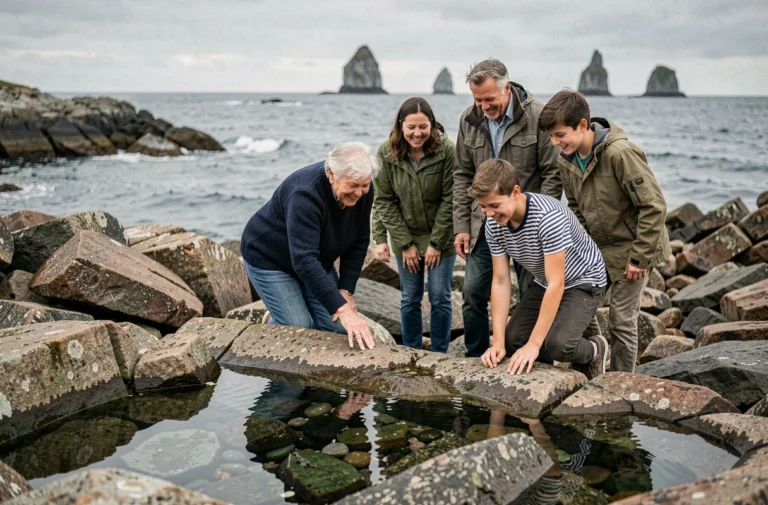 Famille multigénérationnelle explorant les rochers et piscines naturelles sur le littoral breton en Bretagne