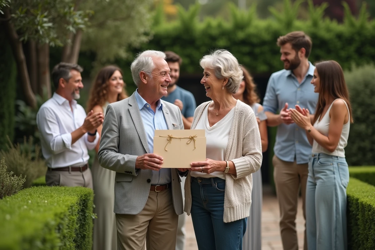 Famille réunie dans un jardin pour offrir une enveloppe cadeau à un couple fêtant ses 50 ans de mariage