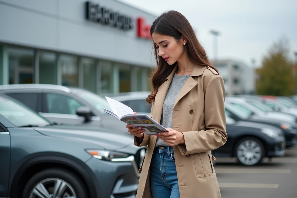 Femme regardant une brochure de voitures neuves
