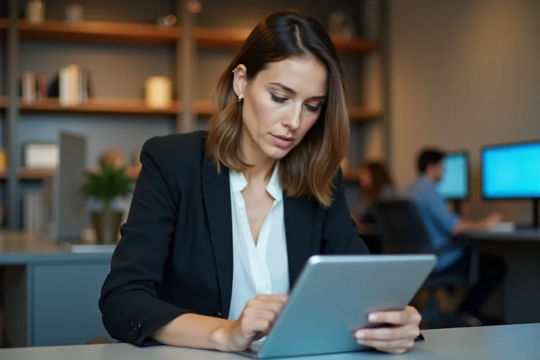 Femme professionnelle consultant les actualités du jour sur une tablette dans un bureau moderne