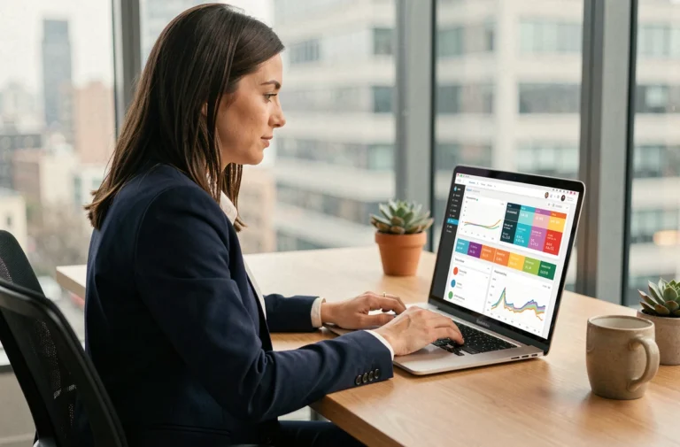 Femme professionnelle analysant des tableaux de bord SEO et des statistiques de référencement sur un ordinateur portable dans un bureau moderne