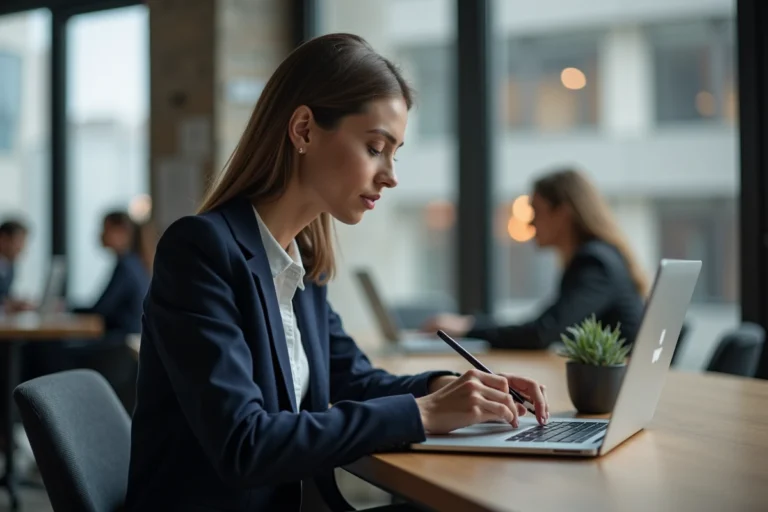 Femme professionnelle au bureau coworking avec tablette et ordinateur