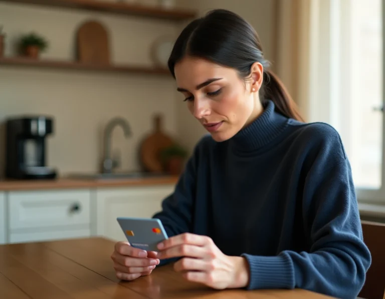 Femme tenant une carte bancaire Nickel à la main dans une cuisine moderne, illustrant la gestion du plafond de compte Nickel en France