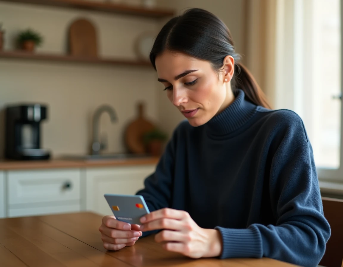Femme tenant une carte bancaire Nickel à la main dans une cuisine moderne, illustrant la gestion du plafond de compte Nickel en France