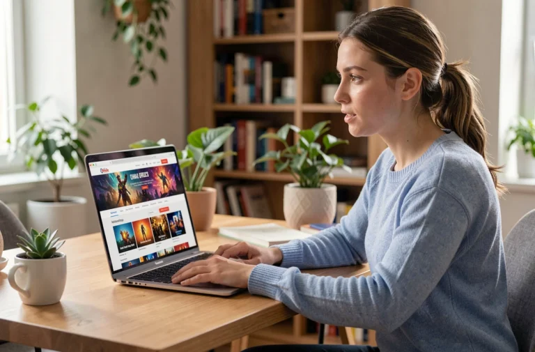 Femme consultant le site c-fun.fr sur un ordinateur portable dans un bureau à domicile moderne