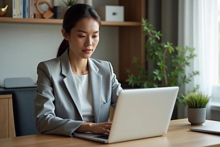 Femme consultant sa facture Carrefour en ligne sur un ordinateur portable dans un bureau à domicile