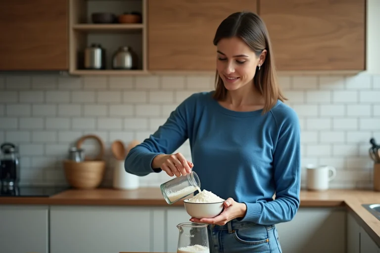 Femme versant du sucre dans un verre mesureur dans la cuisine
