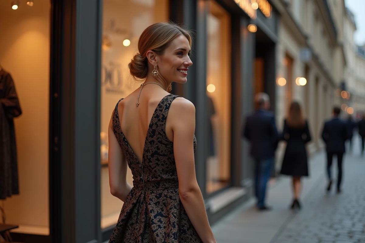 Femme en robe de soirée devant une boutique parisienne au crépuscule