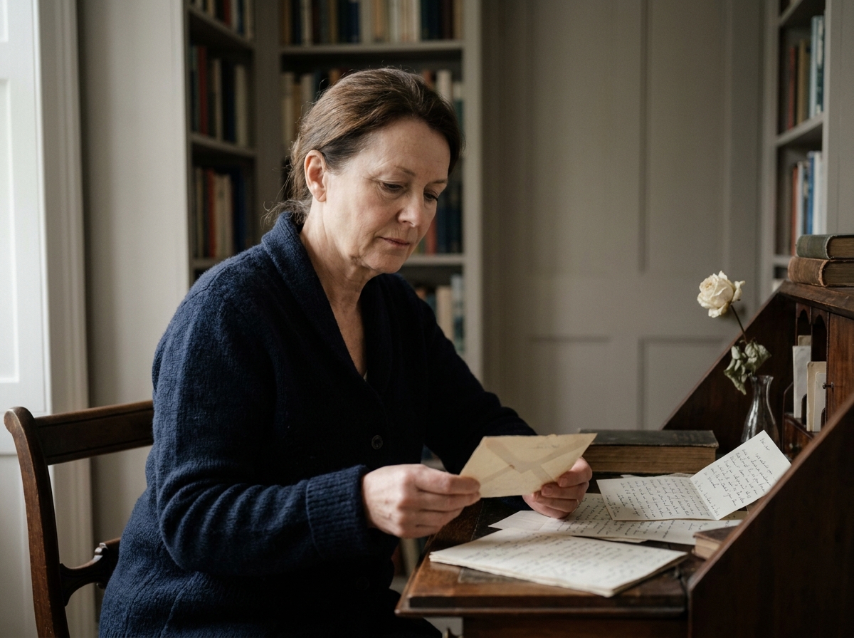 Femme âgée tenant une enveloppe de condoléances à son bureau, ambiance recueillie et sincère