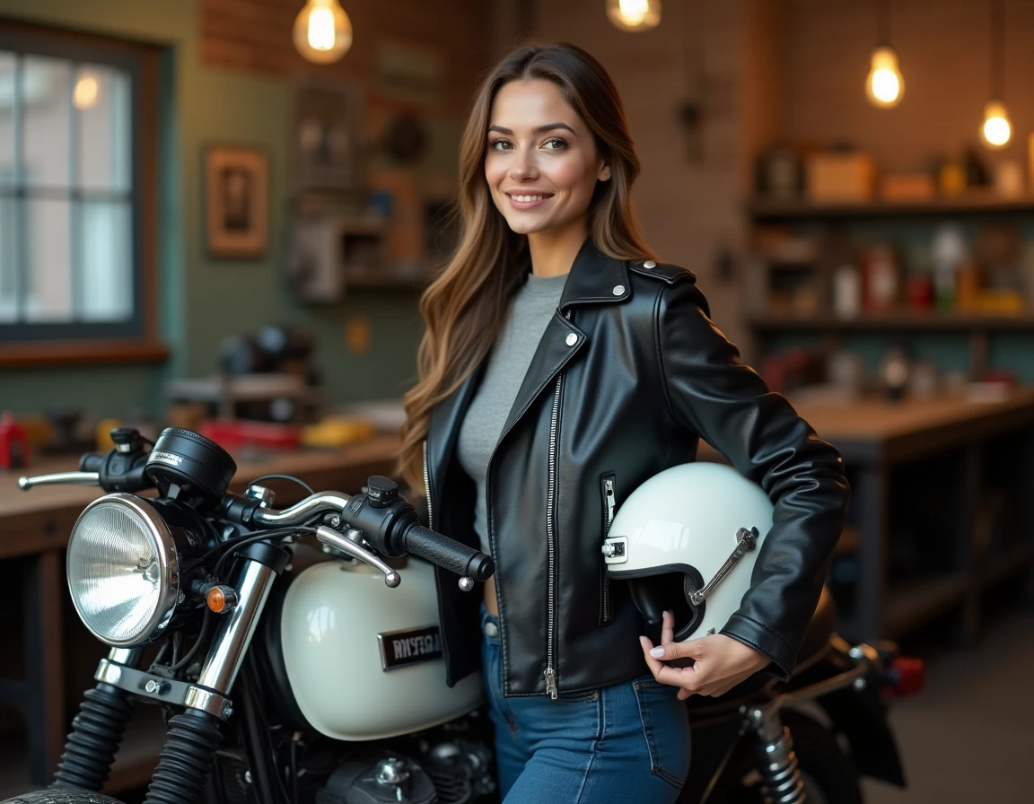 Femme motarde tenant un casque blanc à côté d'une moto café racer rétro dans un atelier garage urbain