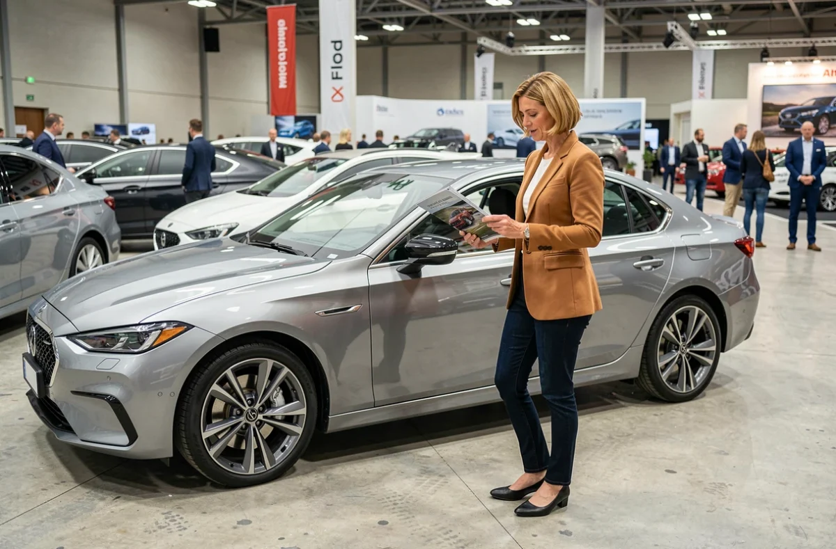 Femme passionnée d'automobile feuilletant un magazine auto lors d'un salon en plein air
