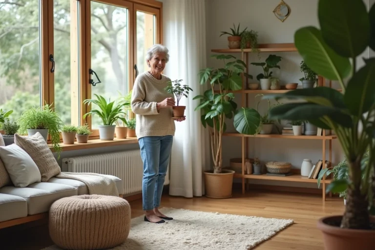 Femme d'âge moyen arrangeant des plantes d'intérieur dans un salon cosy