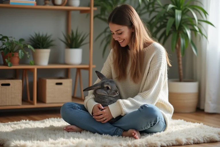 Jeune femme avec un lapin dans un salon cosy