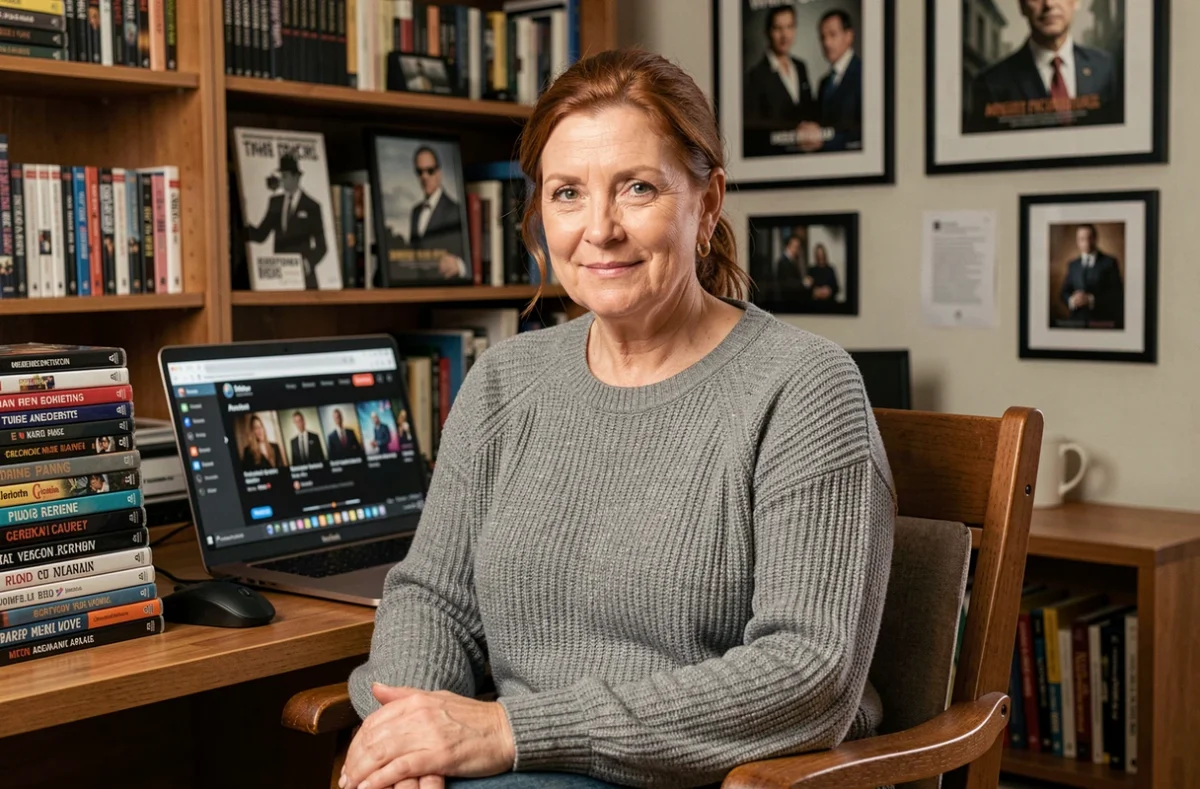 Femme passionnée de séries télévisées américaines entourée de coffrets DVD et d'un ordinateur portable avec Netflix ouvert