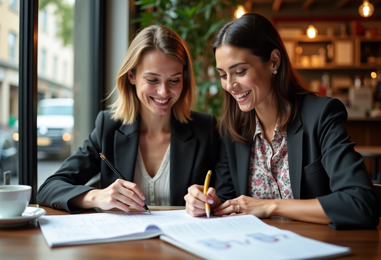 Deux femmes discutant de planification de mariage au café