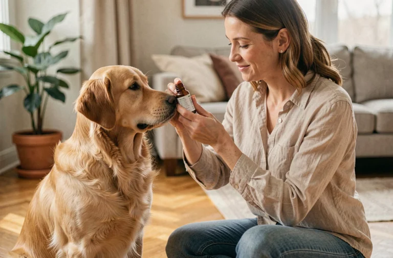 Propriétaire appliquant des fleurs de Bach sur son golden retriever dans un salon chaleureux pour favoriser le bien-être canin