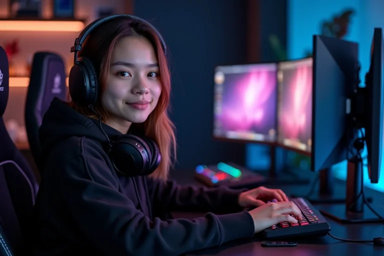 Jeune gameuse professionnelle assise devant son setup gaming avec plusieurs écrans, portant un hoodie noir et un casque, expression concentrée et inspirante