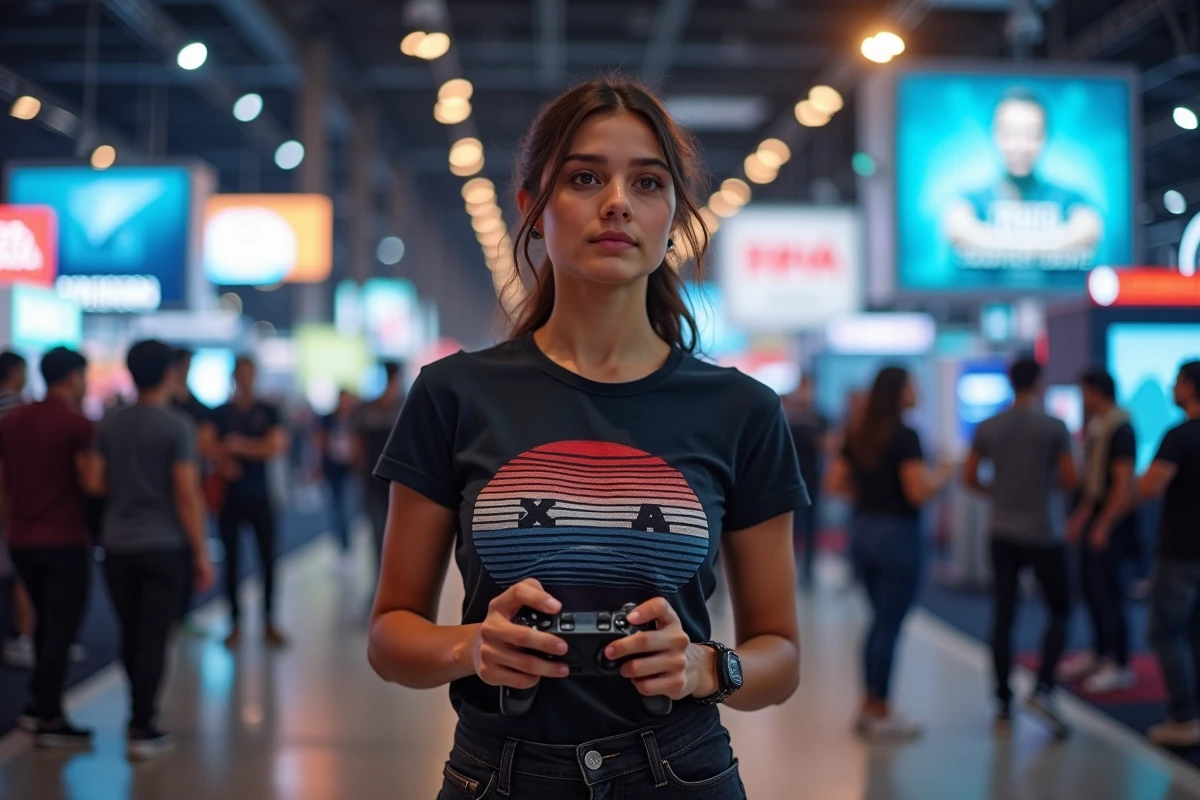Gameuse passionnée tenant une manette lors d'un salon de jeux vidéo, entourée de stands et d'écrans LED, parcours inspirant dans l'esport