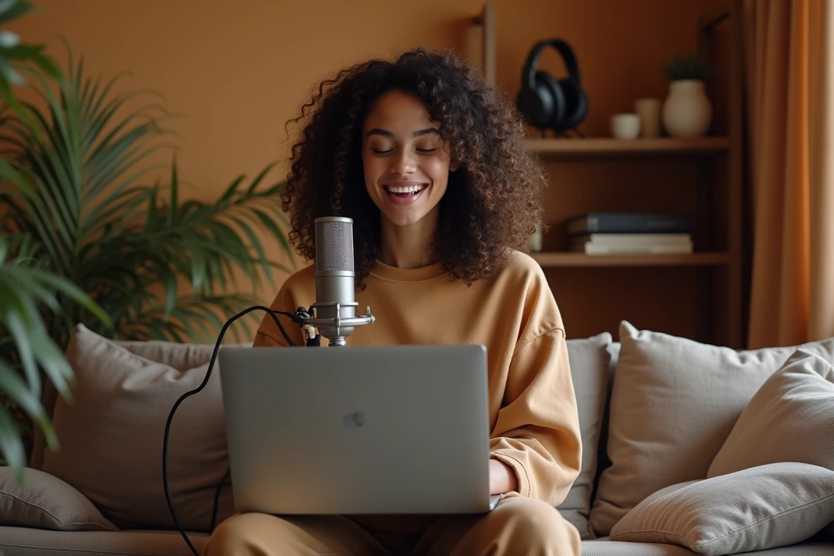 Gameuse et streameuse jeune femme enregistrant un podcast depuis son espace créatif à domicile, atmosphère chaleureuse et parcours de vie inspirant