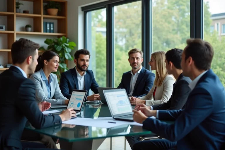 Groupe de professionnels en réunion dans un bureau moderne
